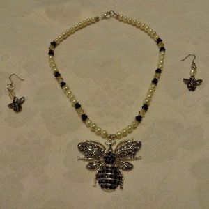 Pearl and Crystal Bumble Bee Necklace Earring Set
